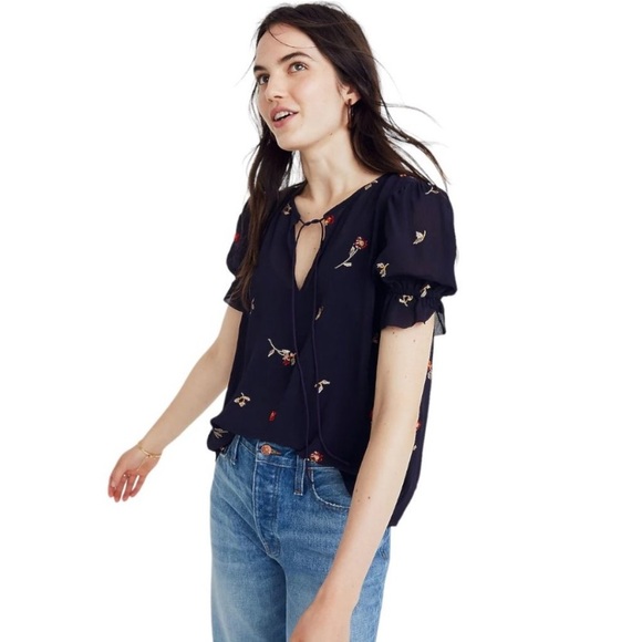 Madewell Tops - Madewell Zephyr Navy Sheer Floral Embroidered Blouse | Size small